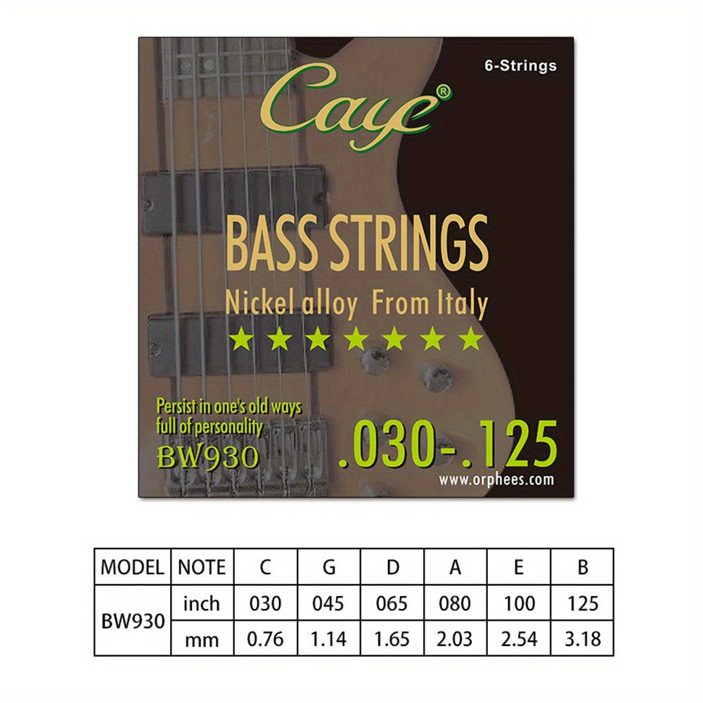 CAYE Bass Guitar Strings Set with coated polished steel roundwound nickel alloy from Italy and hexagonal core. Available for 4/5/6 string basses in BW730, BW830, BW930 packs.