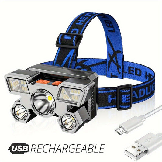 Portable LED headlamp for camping, hiking, fishing, and walking, rechargeable via USB.