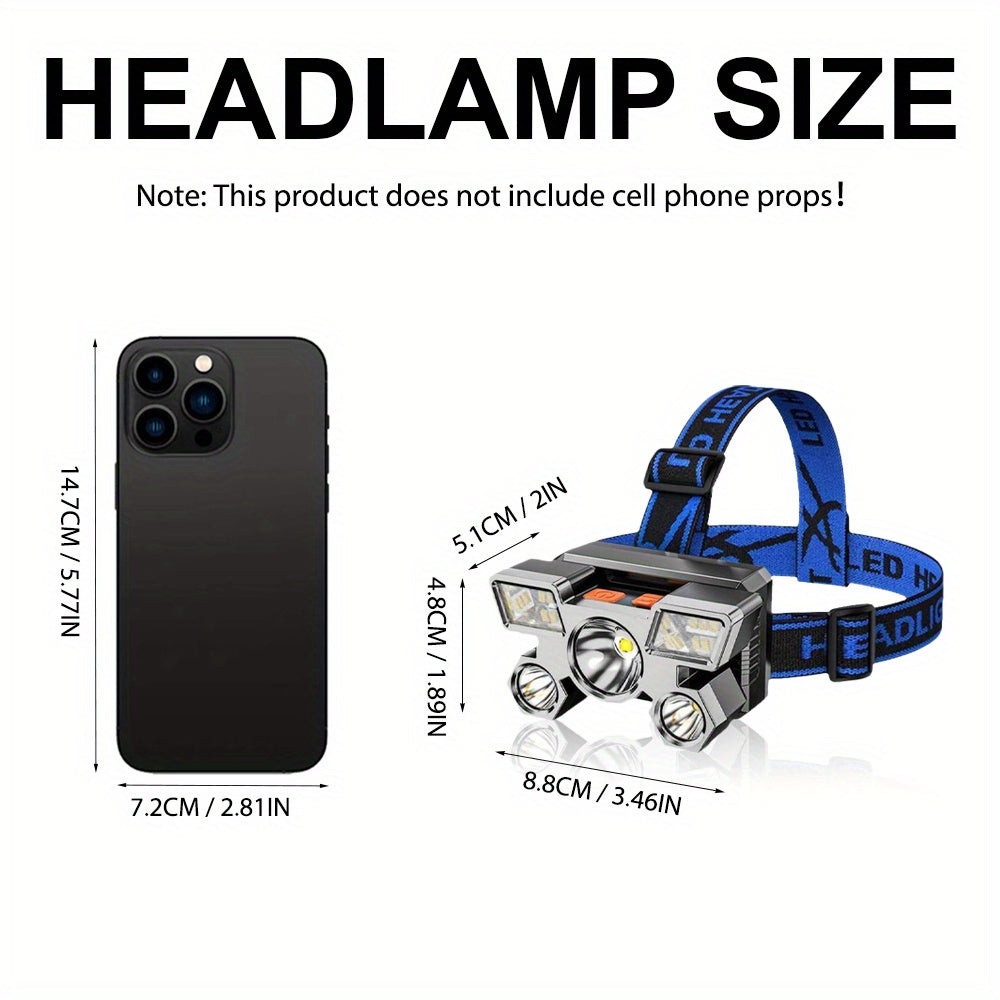 Portable LED headlamp for camping, hiking, fishing, and walking, rechargeable via USB.