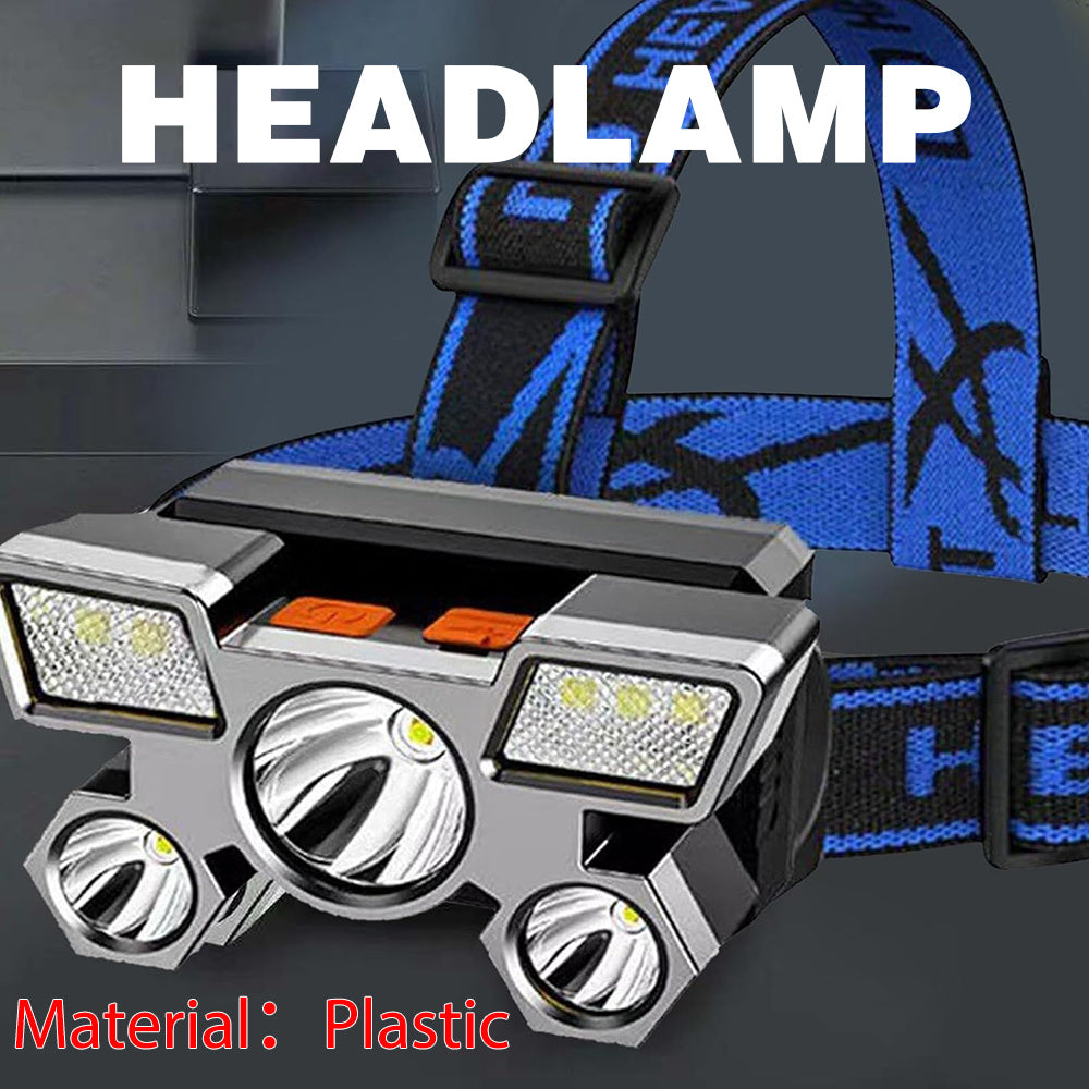 Portable LED headlamp for camping, hiking, fishing, and walking, rechargeable via USB.