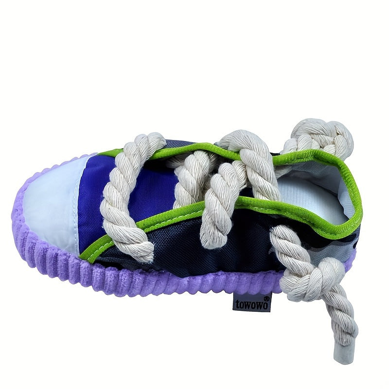 Colorful plush dog chew toy with sneaker design, durable and interactive for pets, battery-free.