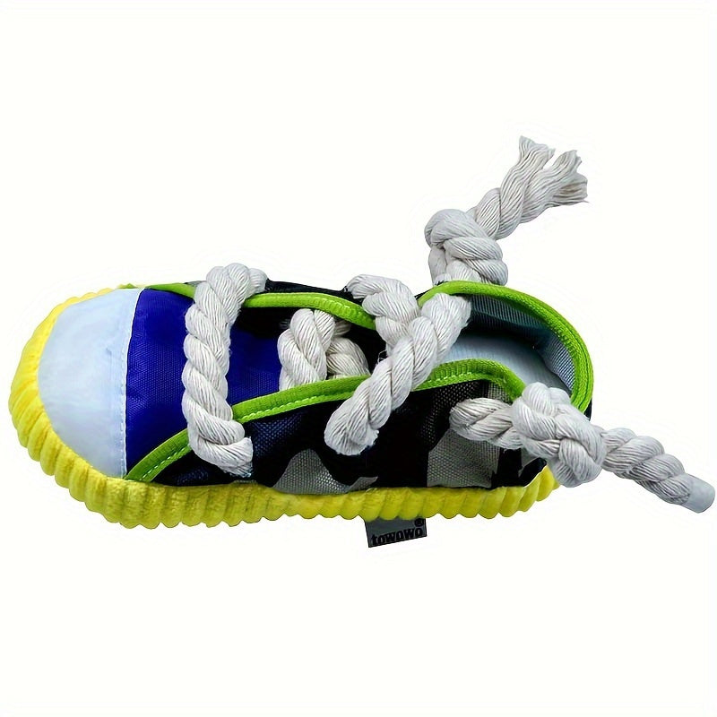 Colorful plush dog chew toy with sneaker design, durable and interactive for pets, battery-free.