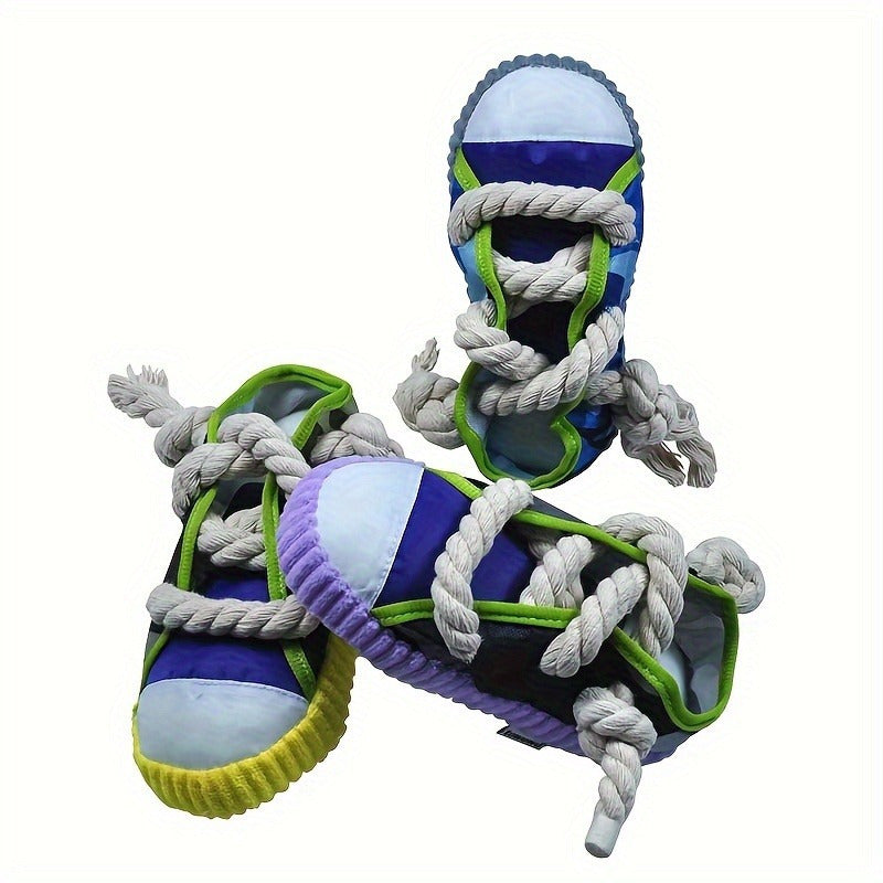 Colorful plush dog chew toy with sneaker design, durable and interactive for pets, battery-free.