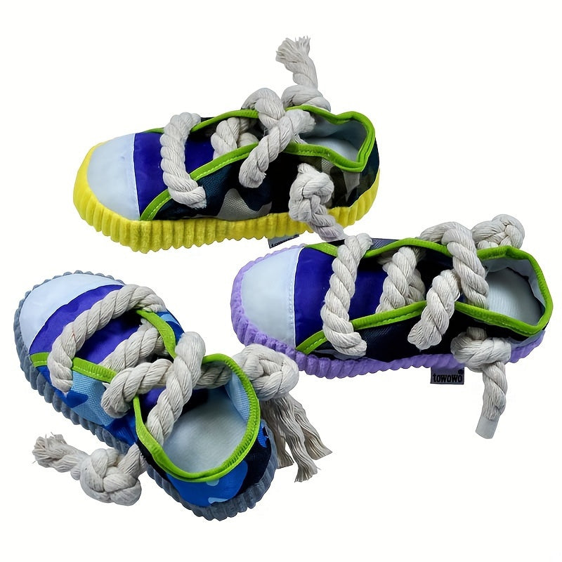 Colorful plush dog chew toy with sneaker design, durable and interactive for pets, battery-free.