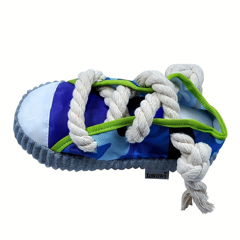 Colorful plush dog chew toy with sneaker design, durable and interactive for pets, battery-free.