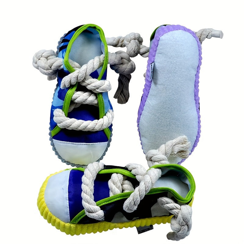 Colorful plush dog chew toy with sneaker design, durable and interactive for pets, battery-free.