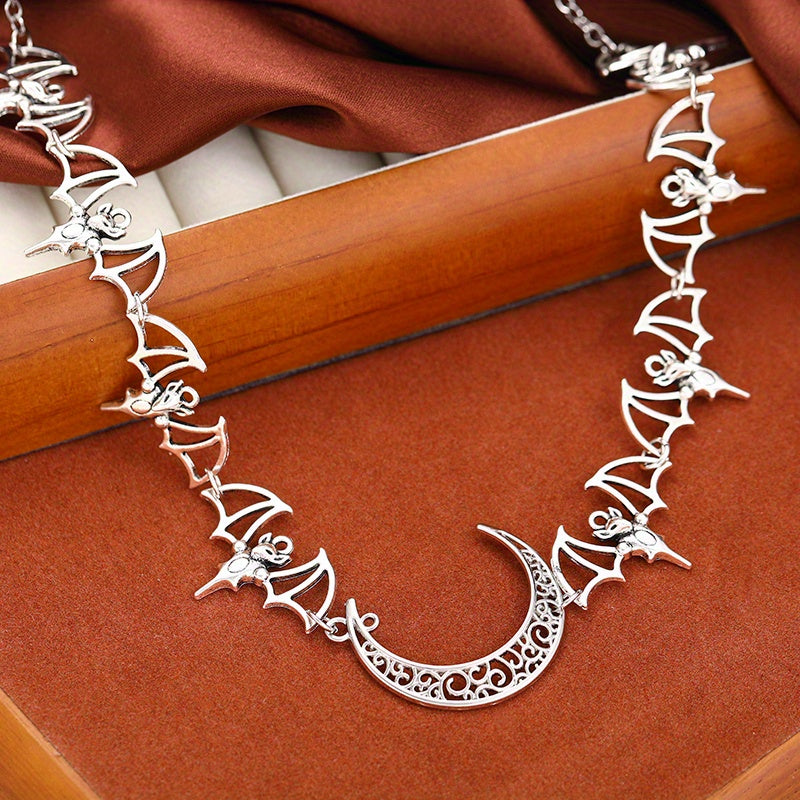 Stainless Steel Bat and Crescent Moon Choker Necklace, featuring a Punk Style, perfect for Hip Hop Collar for Women. This versatile piece is ideal for daily wear and vacation accessorizing. A must-have all-season jewelry item.