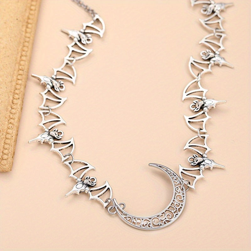 Stainless Steel Bat and Crescent Moon Choker Necklace, featuring a Punk Style, perfect for Hip Hop Collar for Women. This versatile piece is ideal for daily wear and vacation accessorizing. A must-have all-season jewelry item.