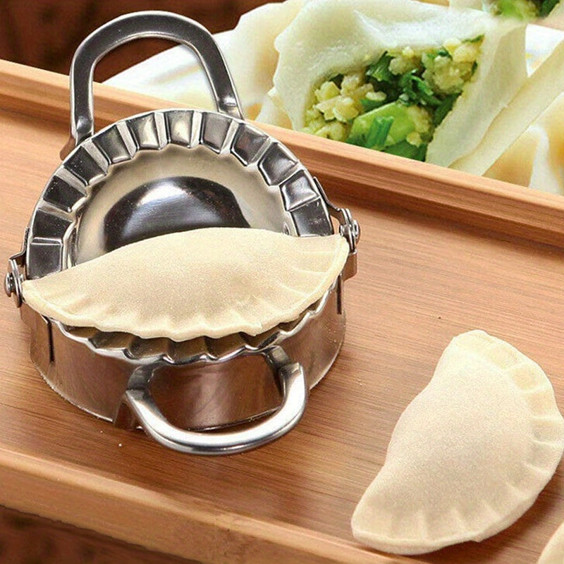 Stainless steel dumpling making tool set with a squeezing mold for creating perfect dumpling skins, a versatile kitchen essential for making delicious and divine dumplings.