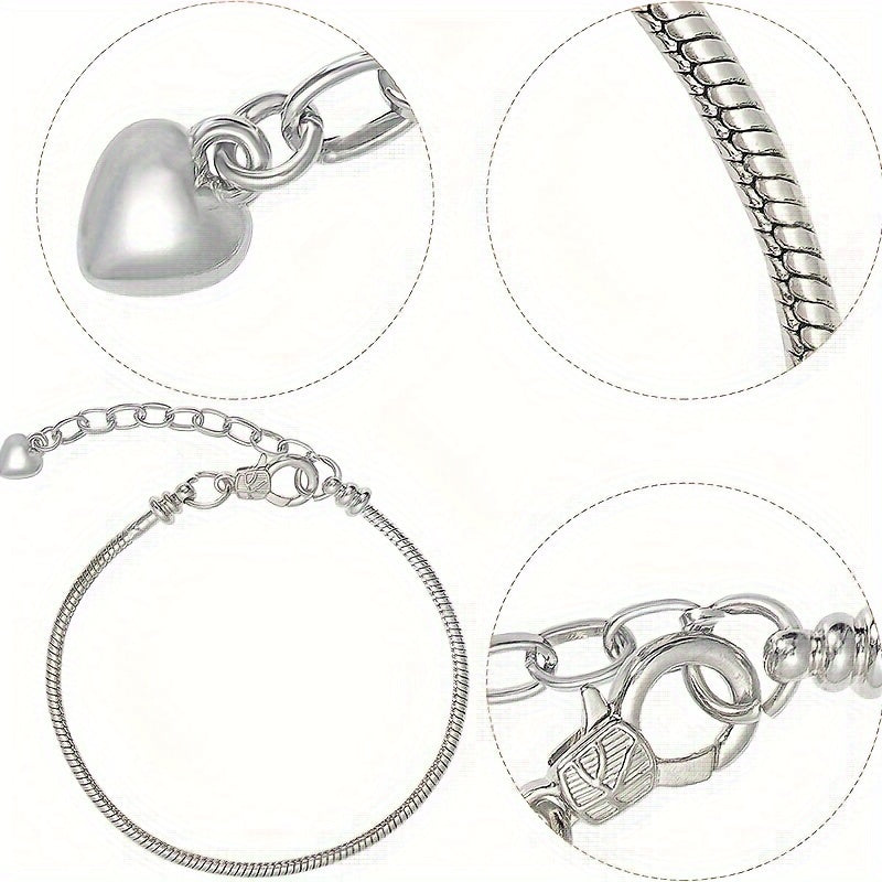 Kit includes 10 pieces of copper snake chain bracelets, each silver plated with a heart charm and lobster clasp. Also includes large hole spacer beads, perfect for creating fashionable DIY jewelry accessories for women and girls.