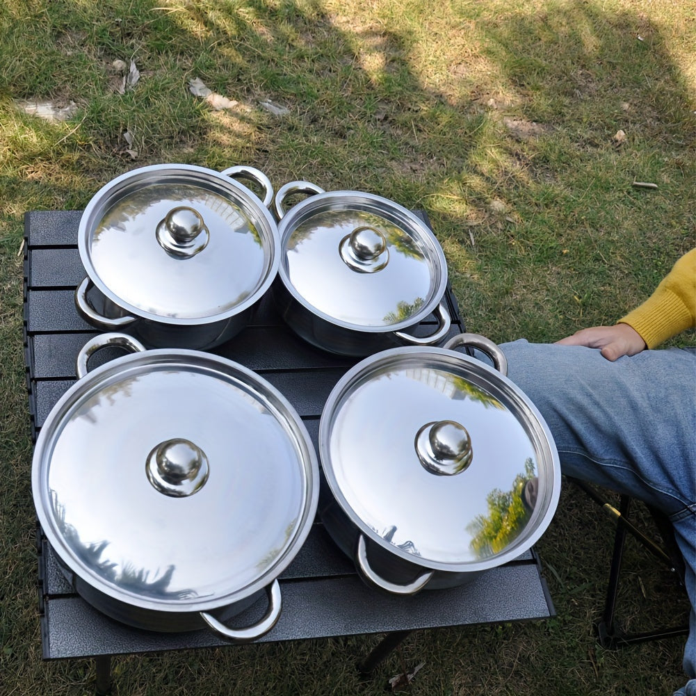 Stainless Steel Cookware Set with 4 Pieces - Sturdy, Thickened Construction Includes 4 Pots and Matching Lids in Various Sizes (20/21/24/26cm) - Perfect for Camping and Outdoor Cooking, Great for Making Soup