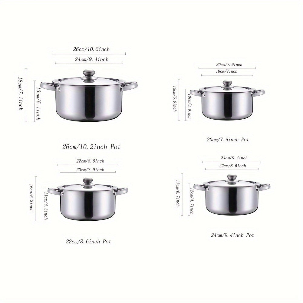 Stainless Steel Cookware Set with 4 Pieces - Sturdy, Thickened Construction Includes 4 Pots and Matching Lids in Various Sizes (20/21/24/26cm) - Perfect for Camping and Outdoor Cooking, Great for Making Soup