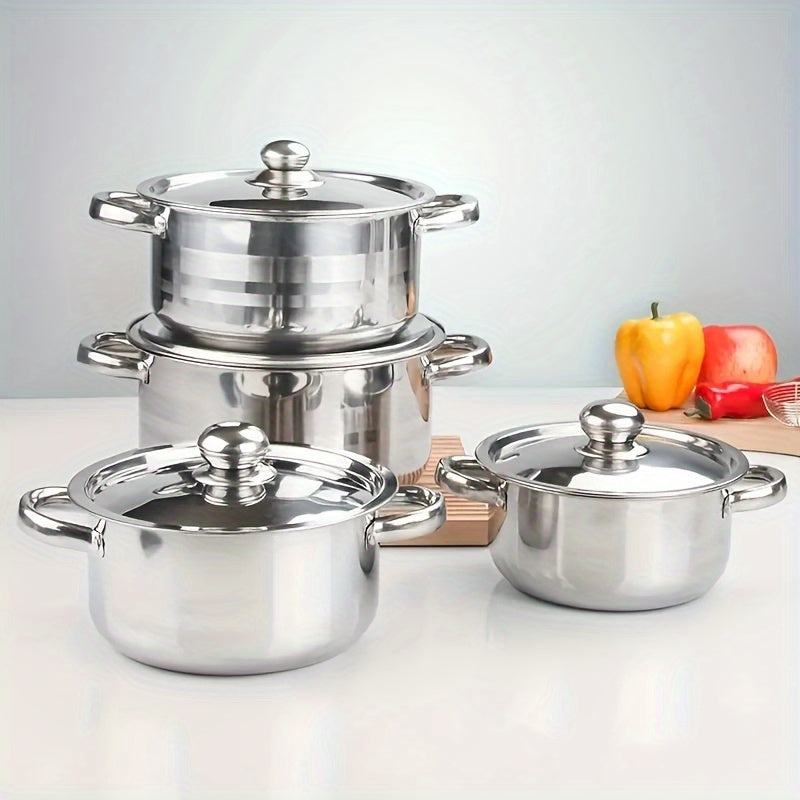 Stainless Steel Cookware Set with 4 Pieces - Sturdy, Thickened Construction Includes 4 Pots and Matching Lids in Various Sizes (20/21/24/26cm) - Perfect for Camping and Outdoor Cooking, Great for Making Soup