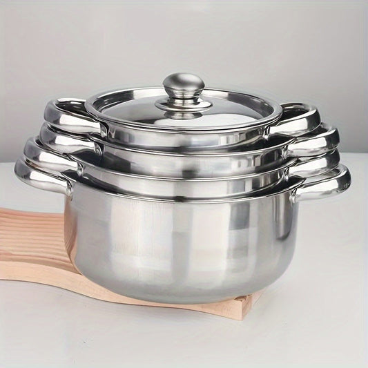 Stainless Steel Cookware Set with 4 Pieces - Sturdy, Thickened Construction Includes 4 Pots and Matching Lids in Various Sizes (20/21/24/26cm) - Perfect for Camping and Outdoor Cooking, Great for Making Soup