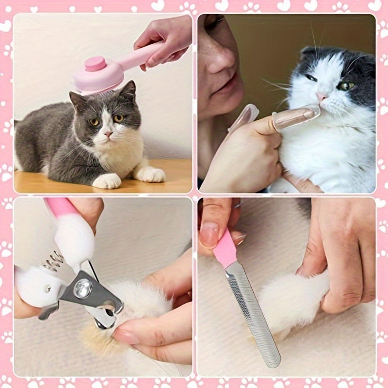 8-piece Cat Grooming Kit with self-cleaning brush, nail clippers, combs, and toothbrush - essential tools for keeping your cat clean, healthy, and happy - in playful pink silicone and