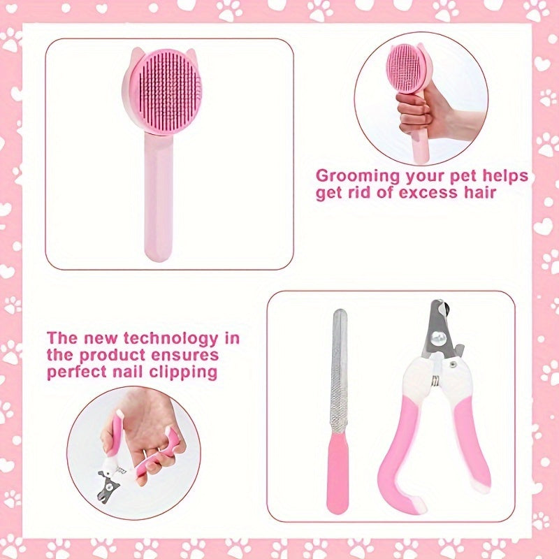 8-piece Cat Grooming Kit with self-cleaning brush, nail clippers, combs, and toothbrush - essential tools for keeping your cat clean, healthy, and happy - in playful pink silicone and