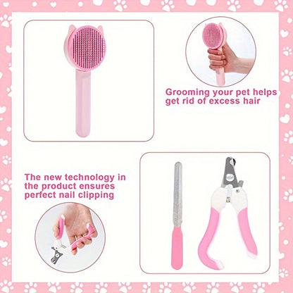 8-piece Cat Grooming Kit with self-cleaning brush, nail clippers, combs, and toothbrush - essential tools for keeping your cat clean, healthy, and happy - in playful pink silicone and