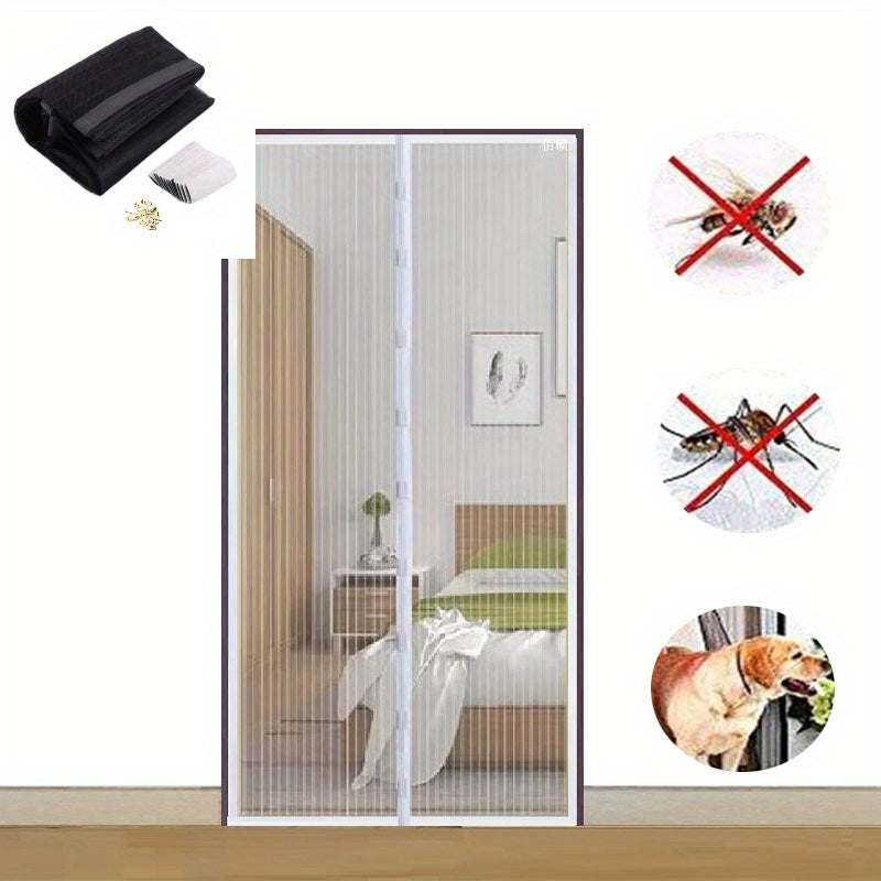 Durable magnetic screen door set keeps bugs out and provides hands-free barrier for pets and youngsters with self-sealing mesh.