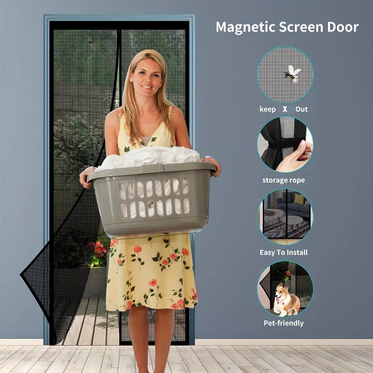 Durable magnetic screen door set keeps bugs out and provides hands-free barrier for pets and youngsters with self-sealing mesh.