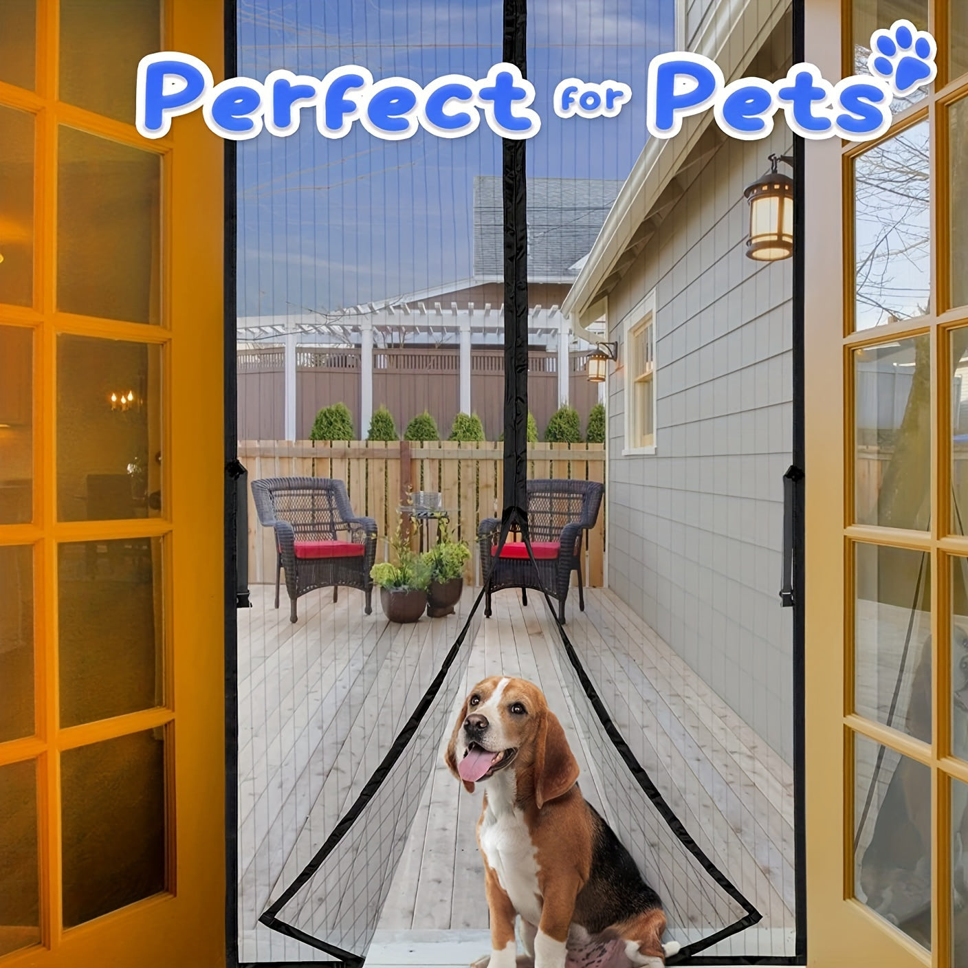 Durable magnetic screen door set keeps bugs out and provides hands-free barrier for pets and youngsters with self-sealing mesh.