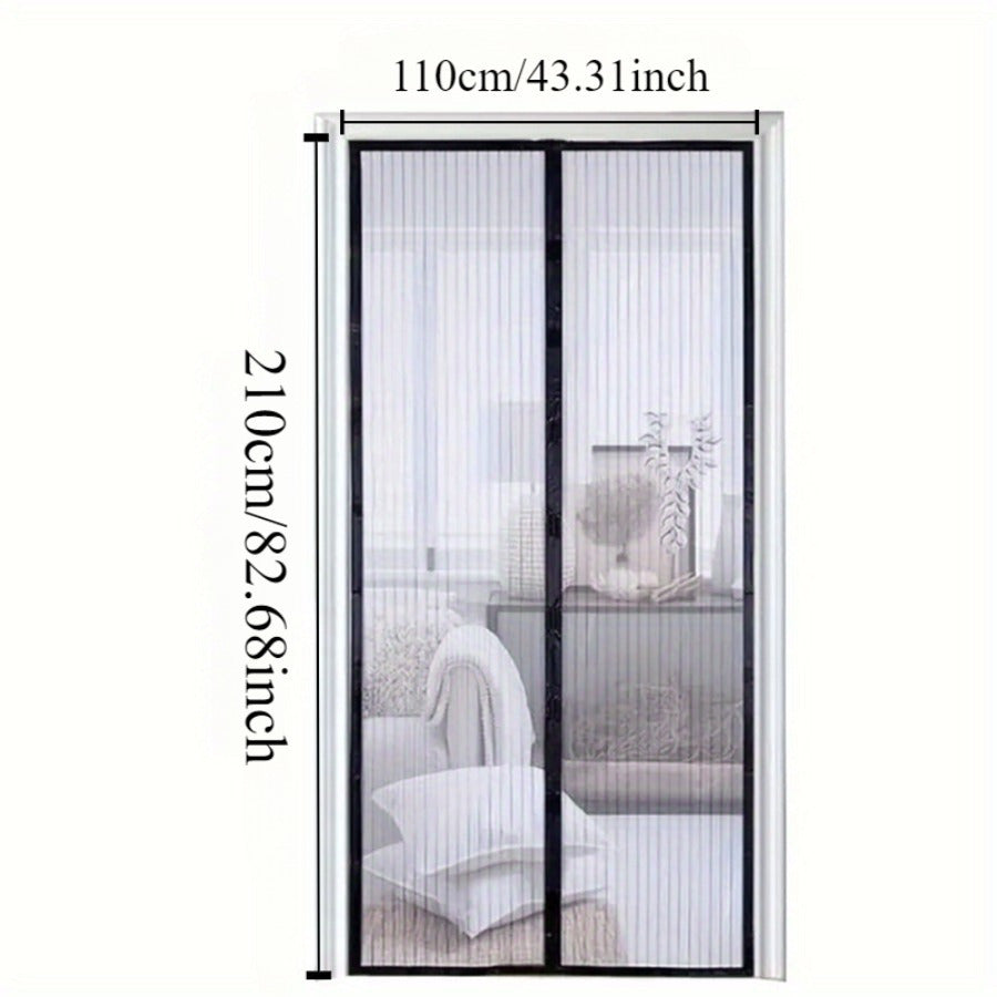 Durable magnetic screen door set keeps bugs out and provides hands-free barrier for pets and youngsters with self-sealing mesh.