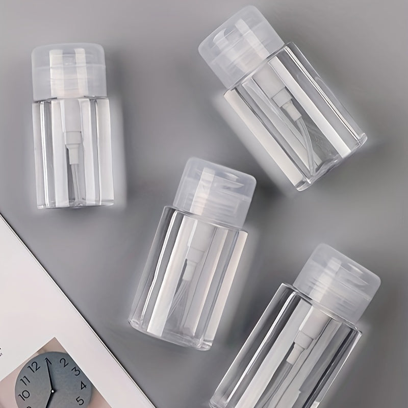 Travel-friendly transparent cosmetic storage box with liquid dispenser for home organization.