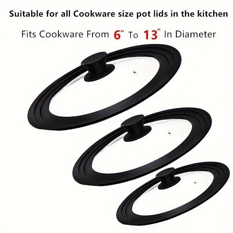 Universal pot lid made of tempered glass and silicone, suitable for pots of various sizes with multiple functions.