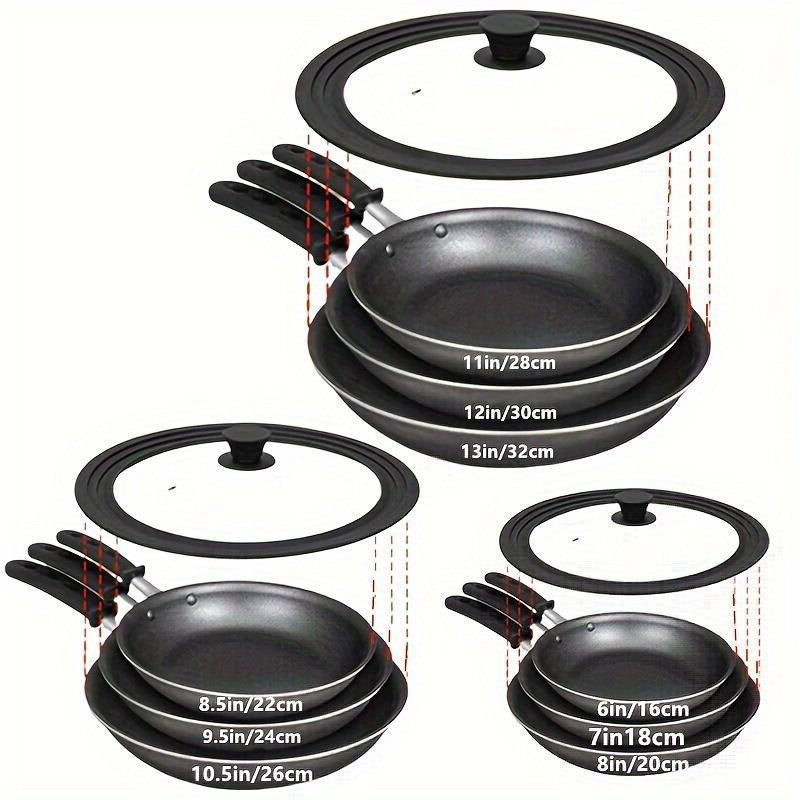 Universal pot lid made of tempered glass and silicone, suitable for pots of various sizes with multiple functions.