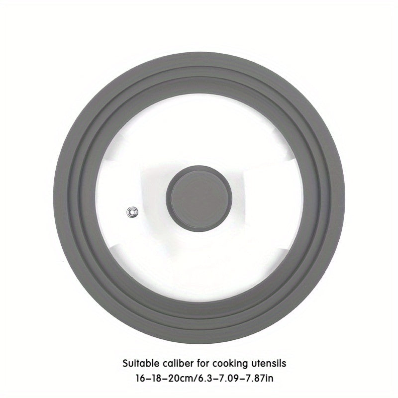 Universal pot lid made of tempered glass and silicone, suitable for pots of various sizes with multiple functions.