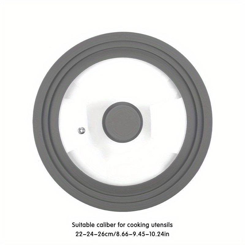 Universal pot lid made of tempered glass and silicone, suitable for pots of various sizes with multiple functions.