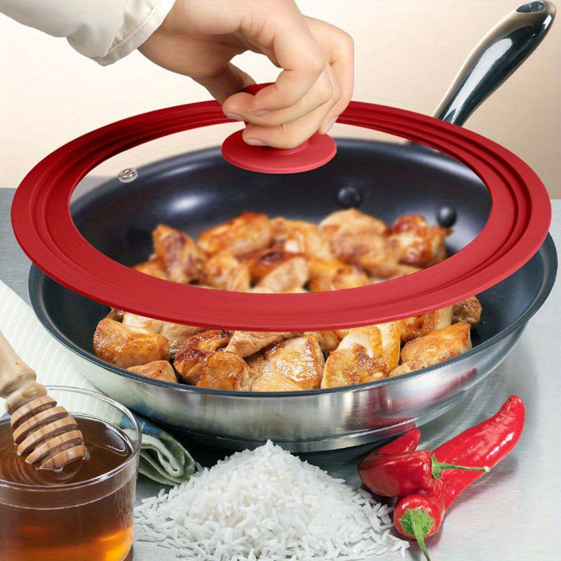 Universal pot lid made of tempered glass and silicone, suitable for pots of various sizes with multiple functions.