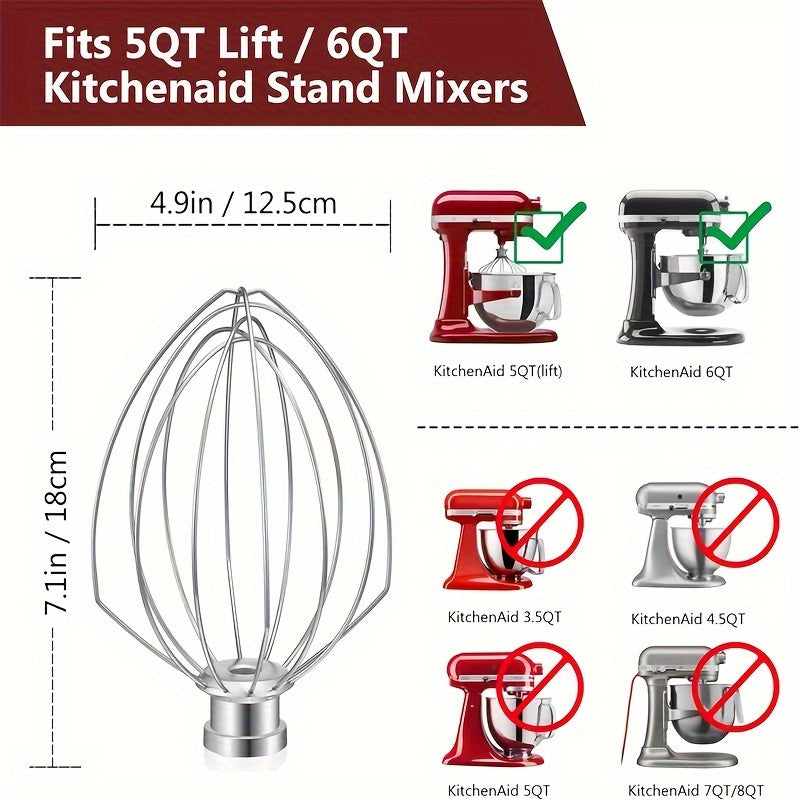 Vertical mixer accessory includes a 5-quart lifting and 6-quart dedicated egg beater with whisk mesh for cream whipping. Made of stainless steel/metal, it is compatible with models KV25G0X, KV25G8X, KV25H0X, RKG25HOX, KV25m, KP2671X, KP26M1X, KP26M8X