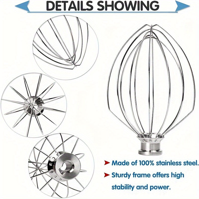 Vertical mixer accessory includes a 5-quart lifting and 6-quart dedicated egg beater with whisk mesh for cream whipping. Made of stainless steel/metal, it is compatible with models KV25G0X, KV25G8X, KV25H0X, RKG25HOX, KV25m, KP2671X, KP26M1X, KP26M8X