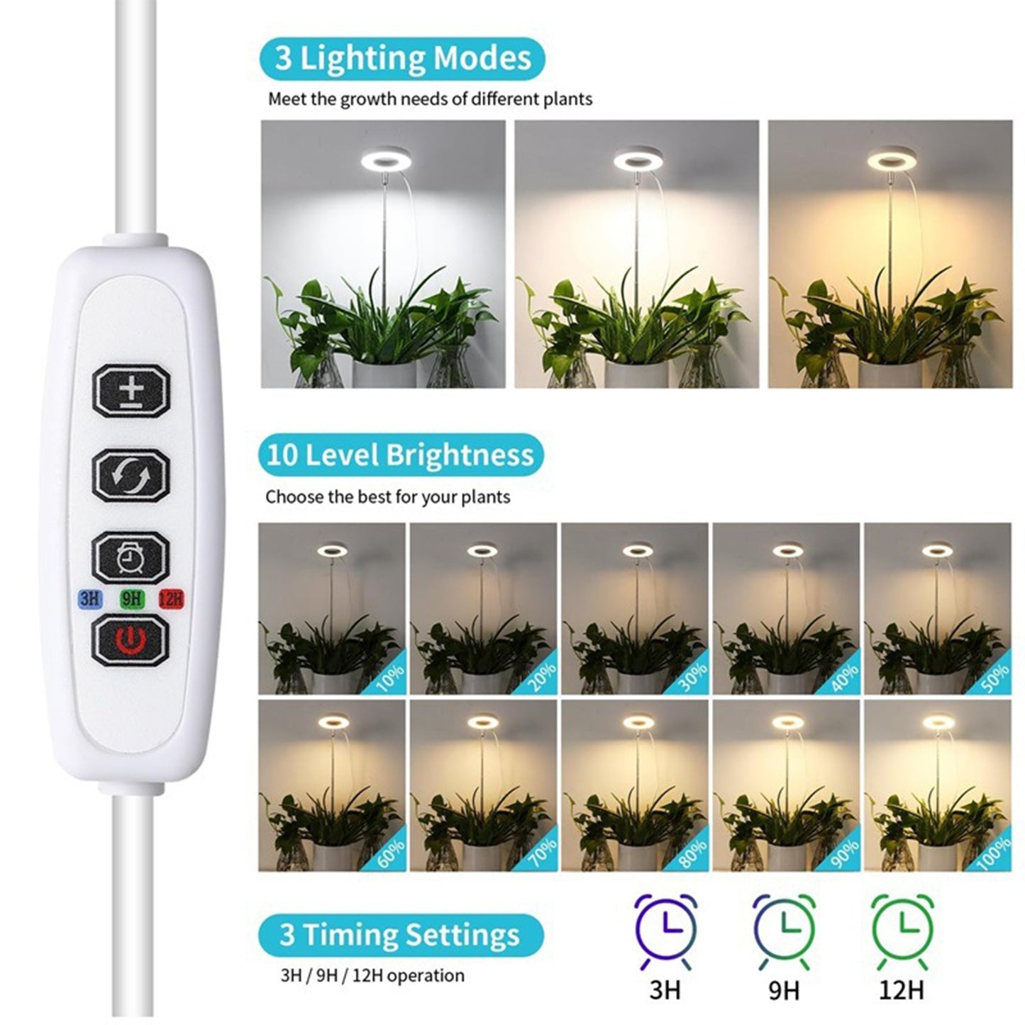 Adjustable LED plant growth lights with full spectrum, timer, and height options for indoor plants. Powered by USB for sowing and succulents.