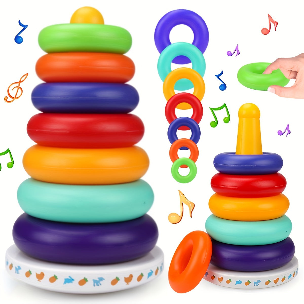 Toy Set: 6 Ring Rainbow Stacking Tower with Music and Colorful Blocks - Enhance Fine Motor Skills and Cognitive Development, Interactive Educational Toy for Preschoolers with Accessories, Perfect Holiday Gift.