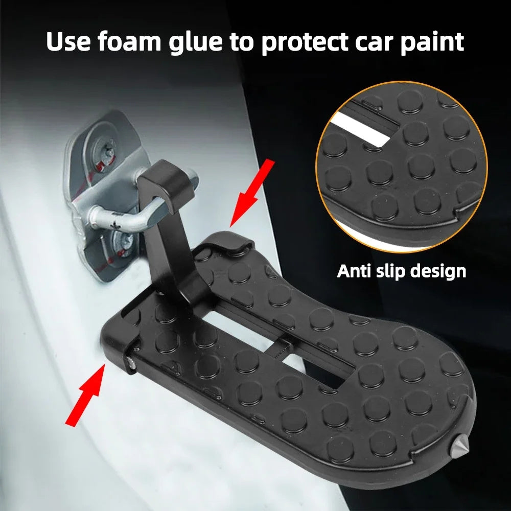 Foldable car door step with safety hammer and anti-skid wheel made of durable aluminum alloy, also functions as a roof rack hook.