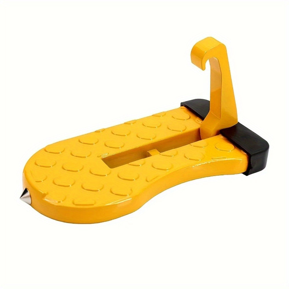 Foldable car door step with safety hammer and anti-skid wheel made of durable aluminum alloy, also functions as a roof rack hook.