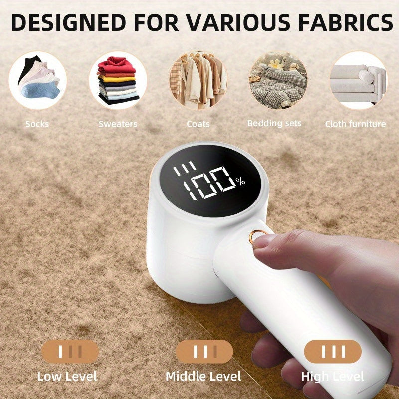 USB rechargeable fabric shaver with LED display for removing lint and fuzz from clothes, bedding, furniture, and carpets.