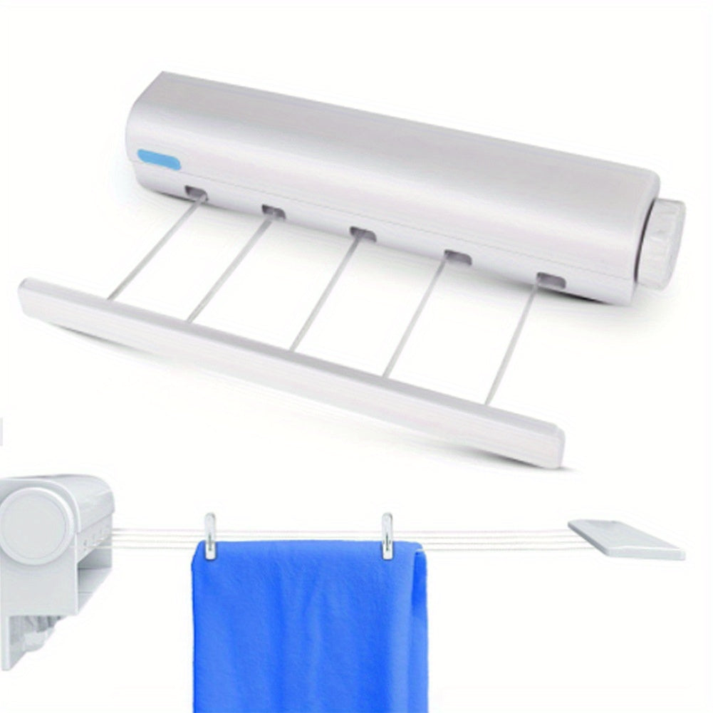 Wall-mounted retractable drying hanger for indoor use made of plastic material, perfect for the bathroom with an invisible clothesline.