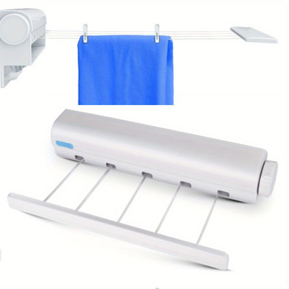 Wall-mounted retractable drying hanger for indoor use made of plastic material, perfect for the bathroom with an invisible clothesline.