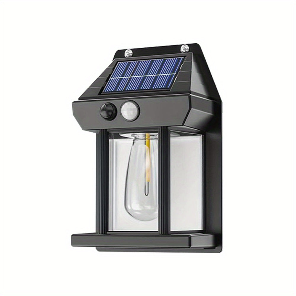 Solar wall light with motion sensor, adjustable brightness, and three lighting modes for outdoor décor.