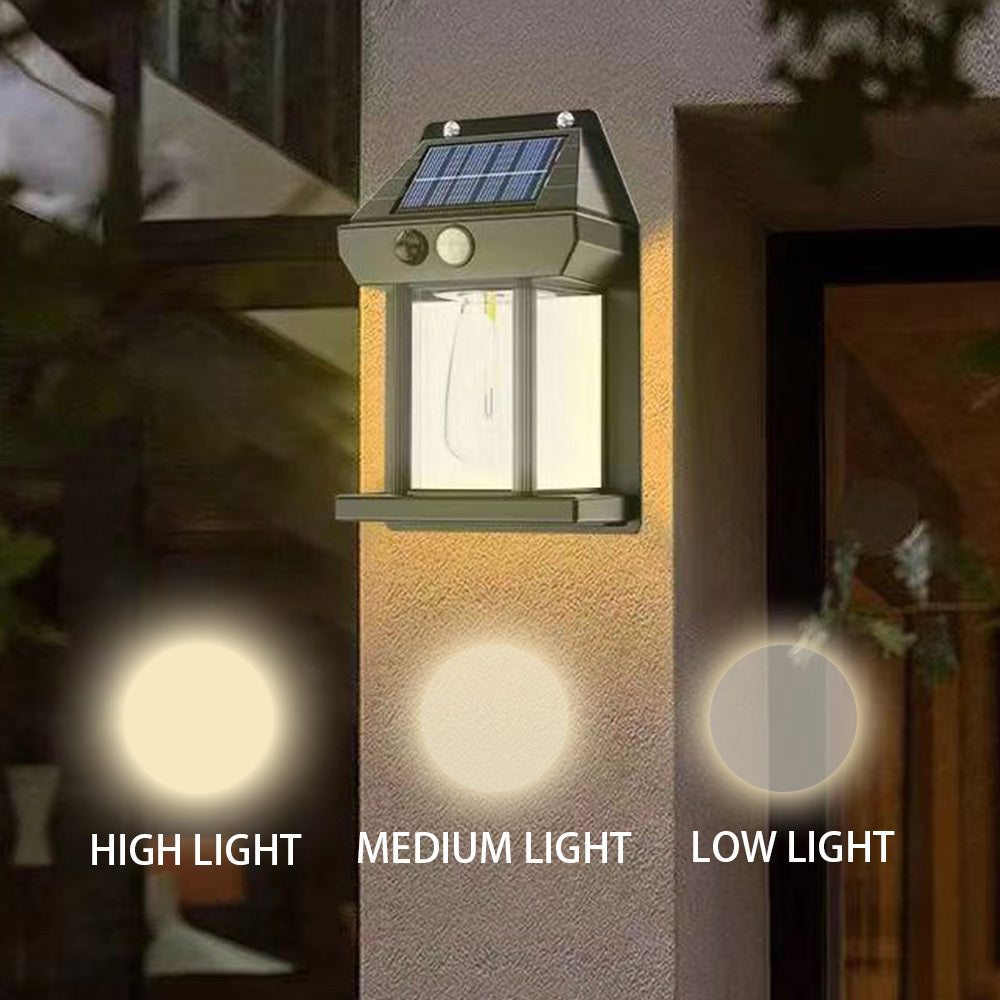 Solar wall light with motion sensor, adjustable brightness, and three lighting modes for outdoor décor.