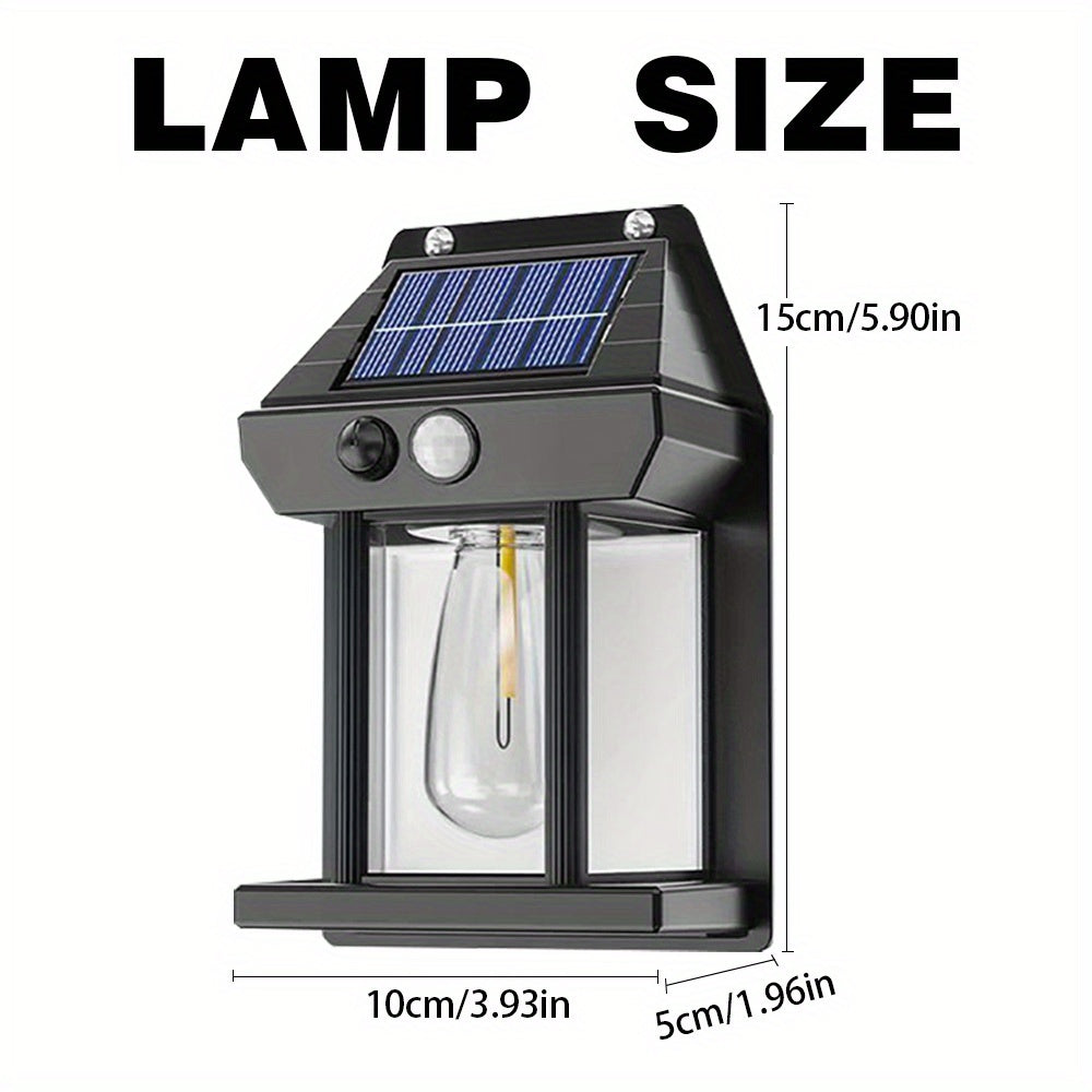 Solar wall light with motion sensor, adjustable brightness, and three lighting modes for outdoor décor.