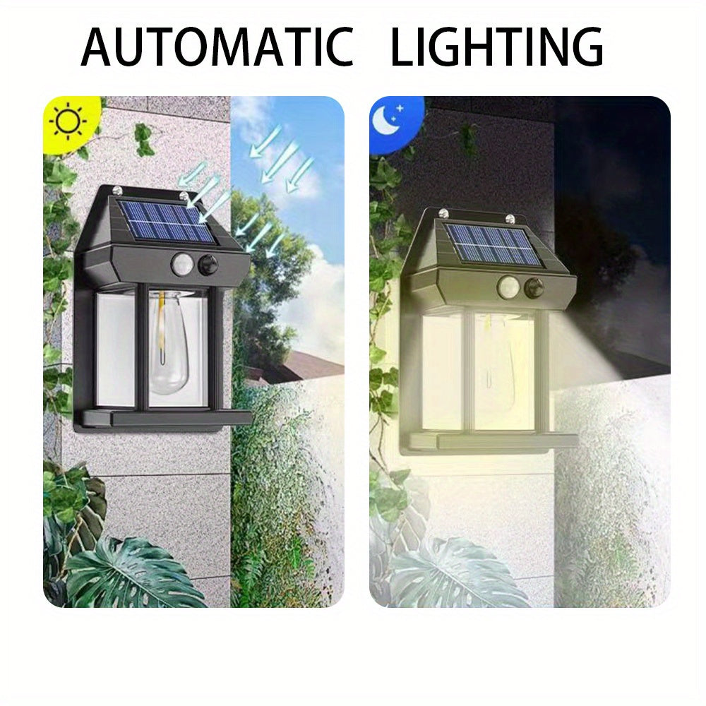 Solar wall light with motion sensor, adjustable brightness, and three lighting modes for outdoor décor.