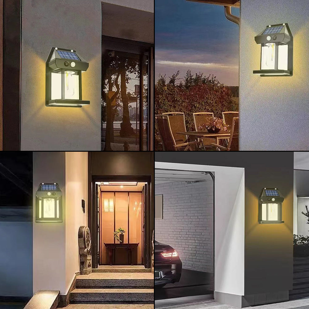 Solar wall light with motion sensor, adjustable brightness, and three lighting modes for outdoor décor.