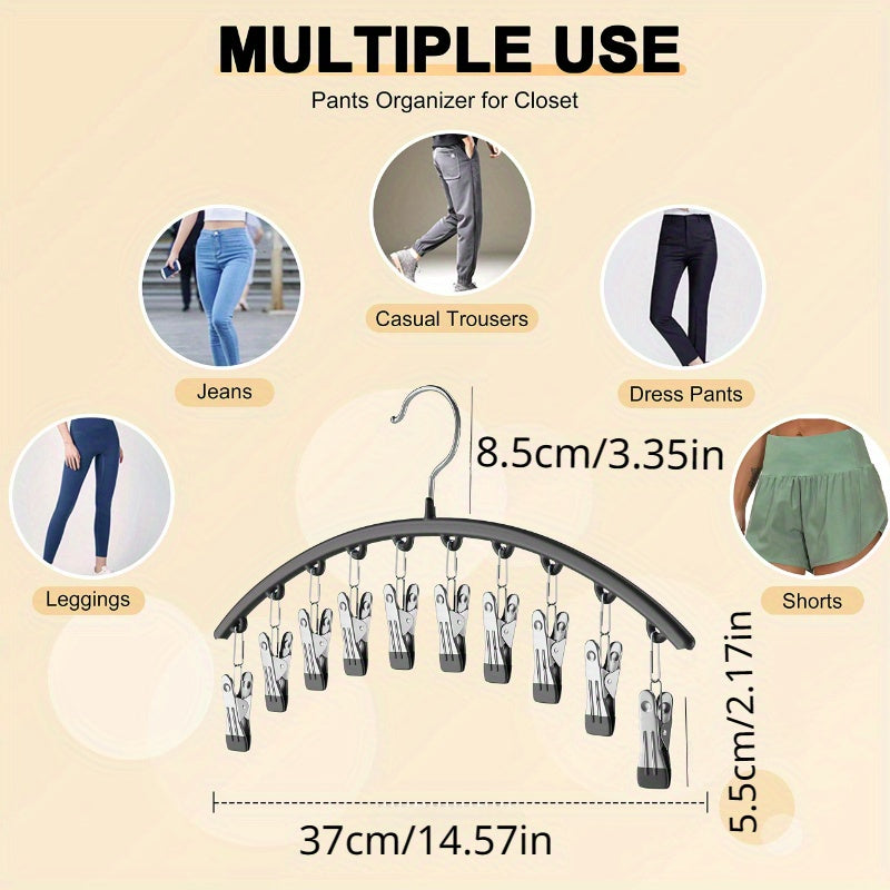 A single sturdy curved steel pants hanger featuring 10 clips, ideal for organizing trousers, jeans, and leggings in your closet. The non-slip rubber coating ensures your clothes stay in place while saving space.