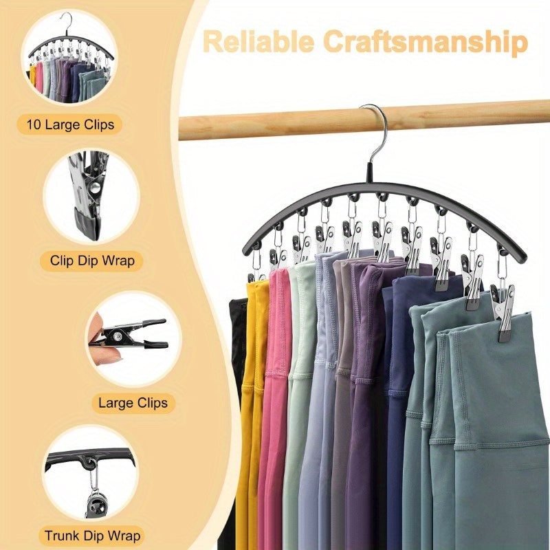 A single sturdy curved steel pants hanger featuring 10 clips, ideal for organizing trousers, jeans, and leggings in your closet. The non-slip rubber coating ensures your clothes stay in place while saving space.