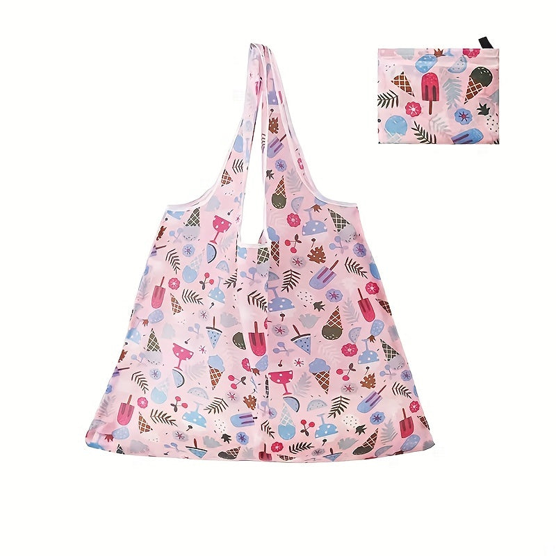 Waterproof and reusable Oxford cloth grocery bags with a large capacity, inner pocket, and foldable design. These portable lightweight shopping totes feature an ice cream plant pattern, making them perfect for outdoor camping, travel, and carry-on