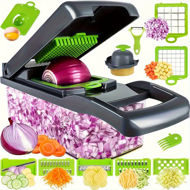 Set of 16 Vegetable Chopper Accessories, Fruit Slicer with Multiple Functions, Semi-Automatic ABS Mandoline featuring 8 Square Blades, Manual Food Grater, Onion Mincer, Potato Shredder, Essential Kitchen Tools for Dormitory Use.