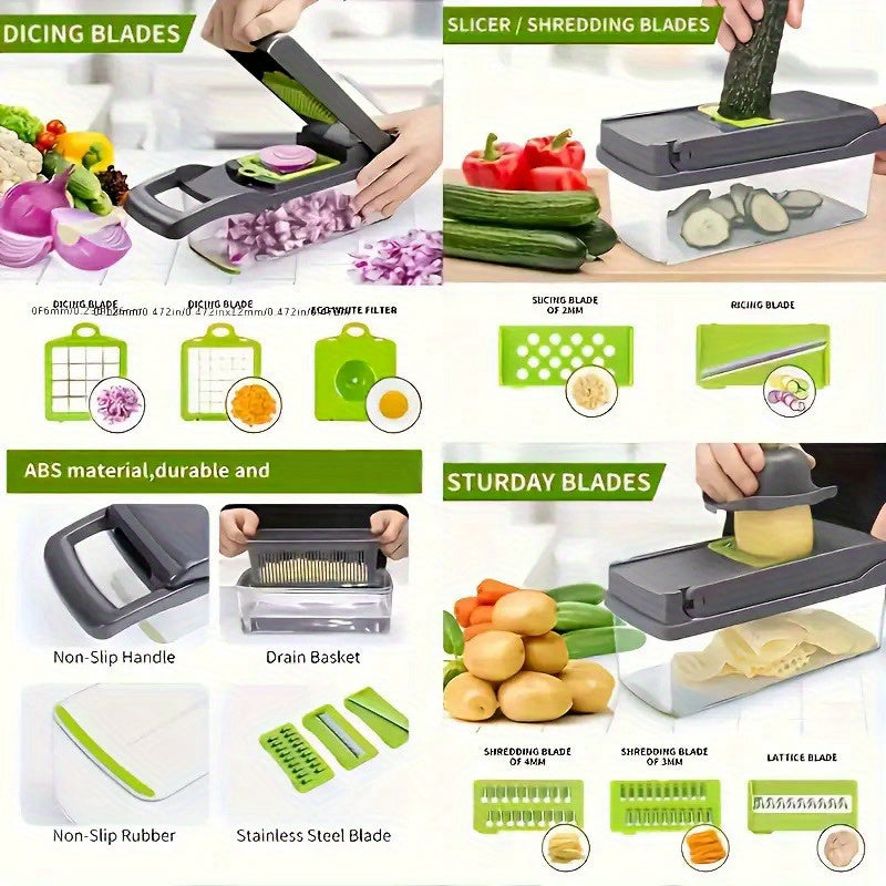 Set of 16 Vegetable Chopper Accessories, Fruit Slicer with Multiple Functions, Semi-Automatic ABS Mandoline featuring 8 Square Blades, Manual Food Grater, Onion Mincer, Potato Shredder, Essential Kitchen Tools for Dormitory Use.